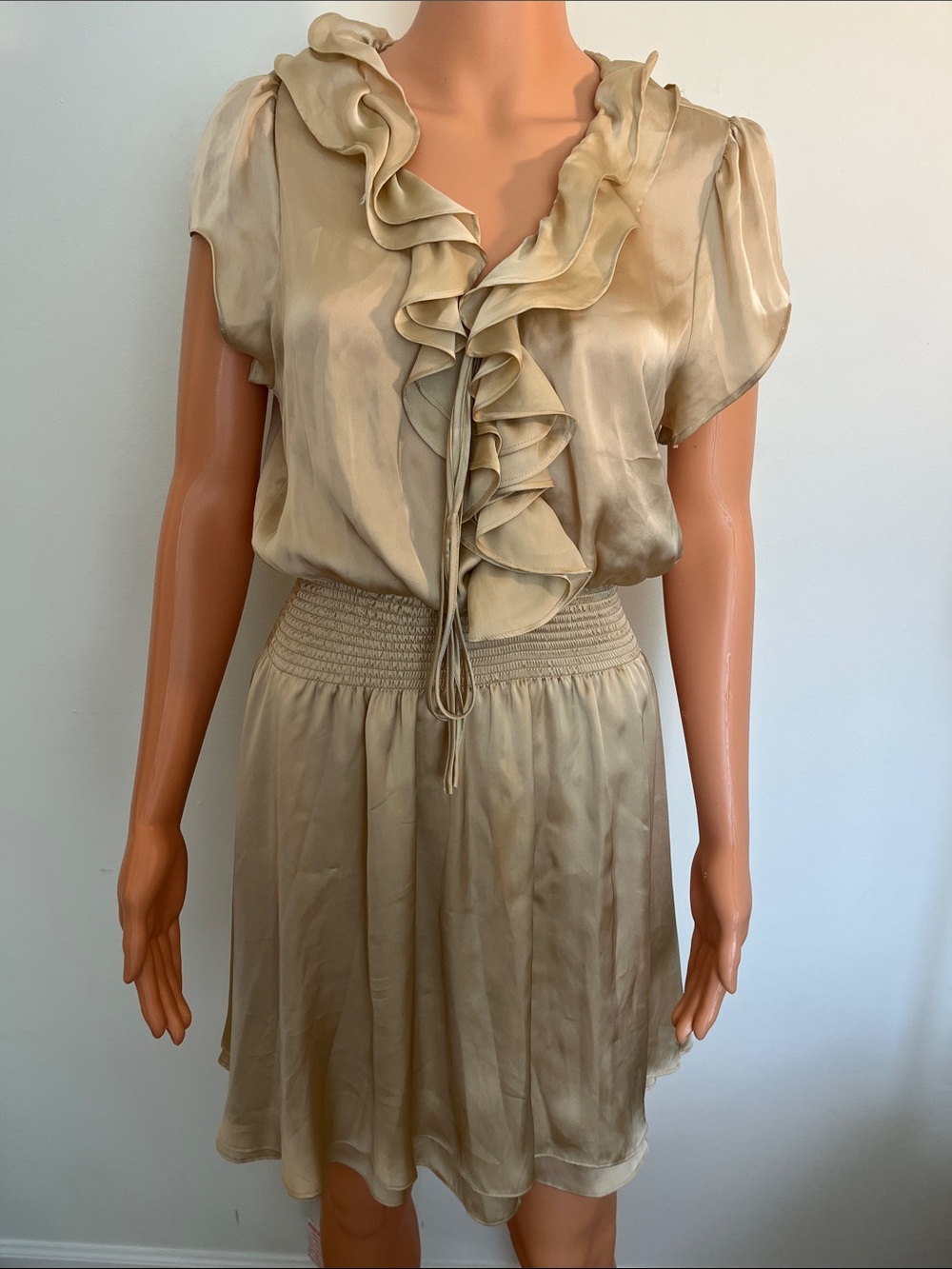 Arden B Champagne Ruffle Front Mini Dress